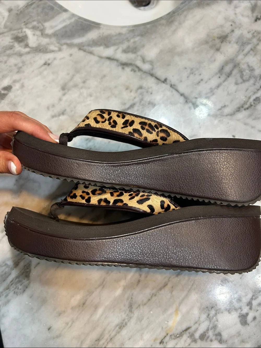 Volatile Leopard-Print Wedge Thong Sandals in Brown